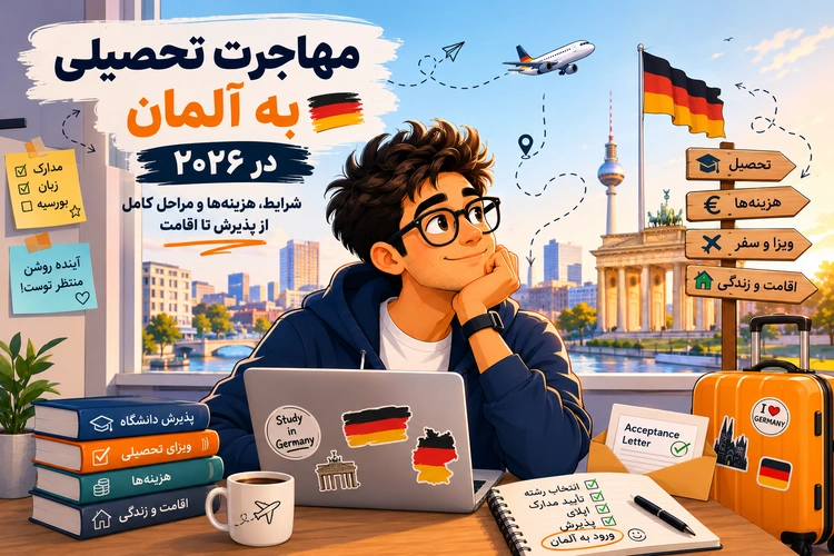 دانشجوی جوان کارتونی پشت میز با لپ‌تاپ، ساک مسافرتی و منظره براندنبورگ و پرچم آلمان در پس‌زمینه
