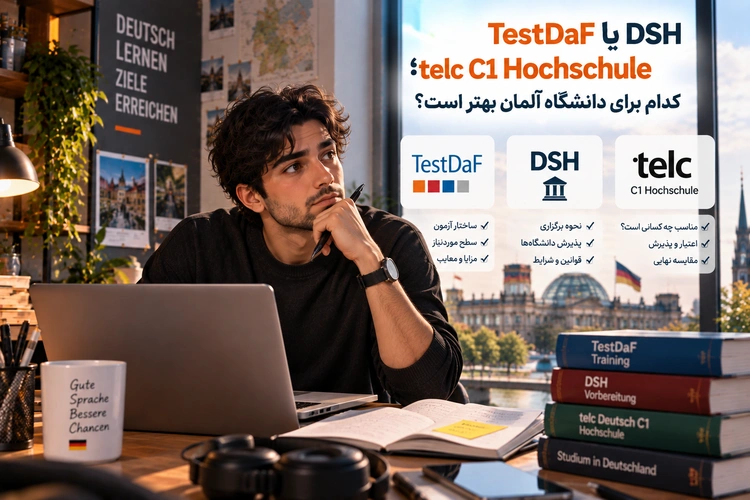 مرد جوان پشت میز با لپتاپ و کتابهای TestDaF، DSH و telc و نمای شهری آلمان از پنجره