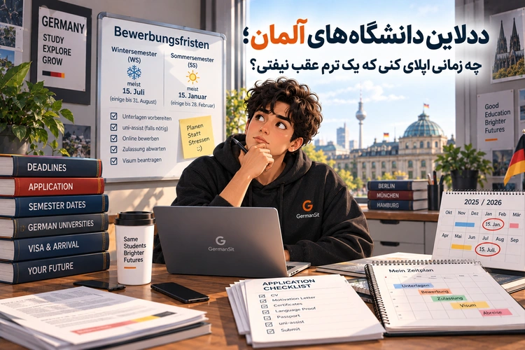 دانشجویی پشت لپتاپ با برگهٔ چکلیست، تقویم و نمای برلین در پسزمینه