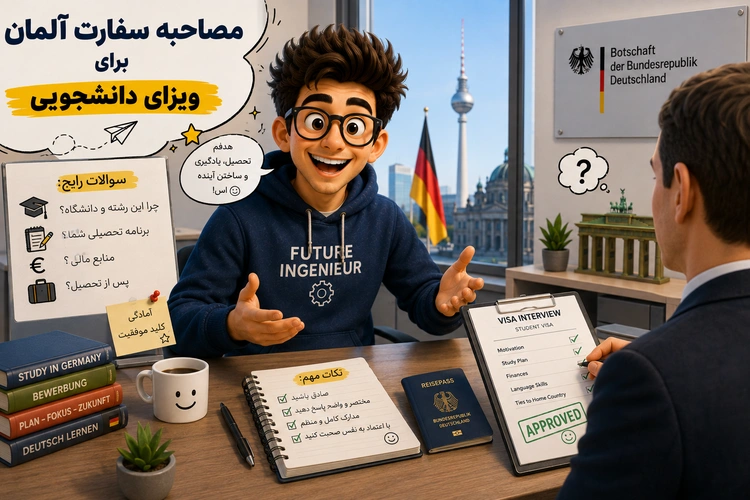 نوجوانی شاد با عینک پشت میز مصاحبه روبه‌روی کارمند سفارت و پلاک سفارت آلمان در پس‌زمینه