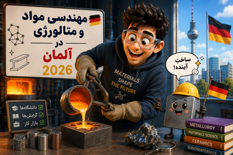 جوان کارتونی با عینک ایمنی در کارگاه حین ریختن فلز مذاب، تابلو و پرچم آلمان در پس‌زمینه