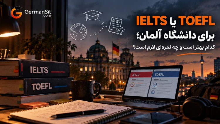 میز مطالعه با کتاب‌های IELTS و TOEFL، لپ‌تاپ باز و نمای ساختمان رایشستاگ و پرچم آلمان در پس‌زمینه
