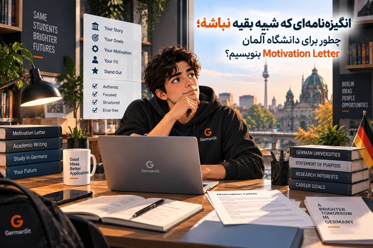 پسر جوان پشت میز با لپتاپ، کتابها و برگههای Motivation Letter و نمای شهر برلین در پسزمینه