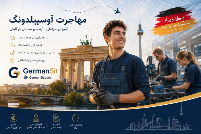 جوانی با لباس کار و آچار در دست، در پس‌زمینه دروازه براندنبورگ و لوگوی GermanSit