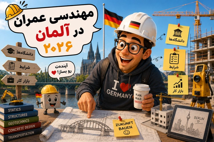 دانشجوی کارتونی با کلاه ایمنی و نقشه سازه روی میز، پرچم آلمان و تجهیزات ساختمانی در پس‌زمینه