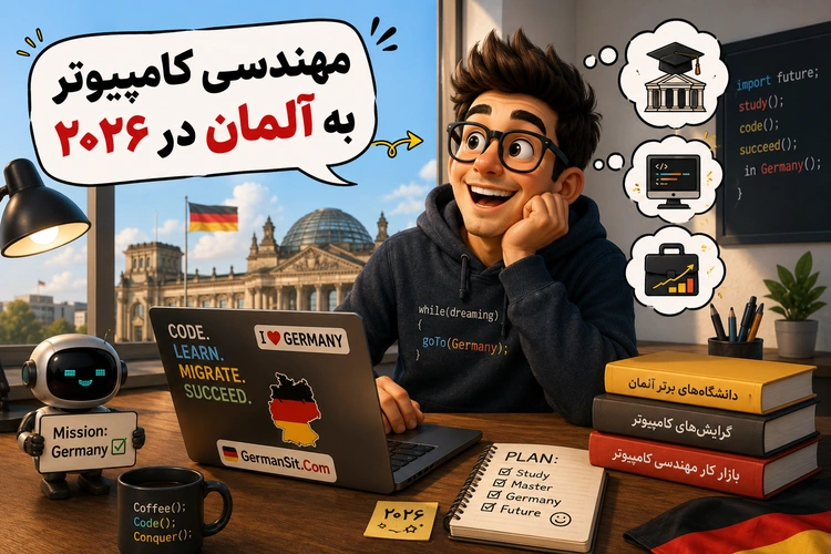 دانشجوی جوان پشت میز با لپتاپ، ربات کوچک، کتابها و ساختمان رایشستاگ در پسزمینه