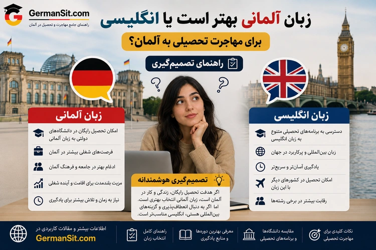 زن جوان با لپ‌تاپ در مرکز اینفوگرافی، پرچم‌های آلمان و بریتانیا و نمادهای ساختمان‌های مشهور پشت سر