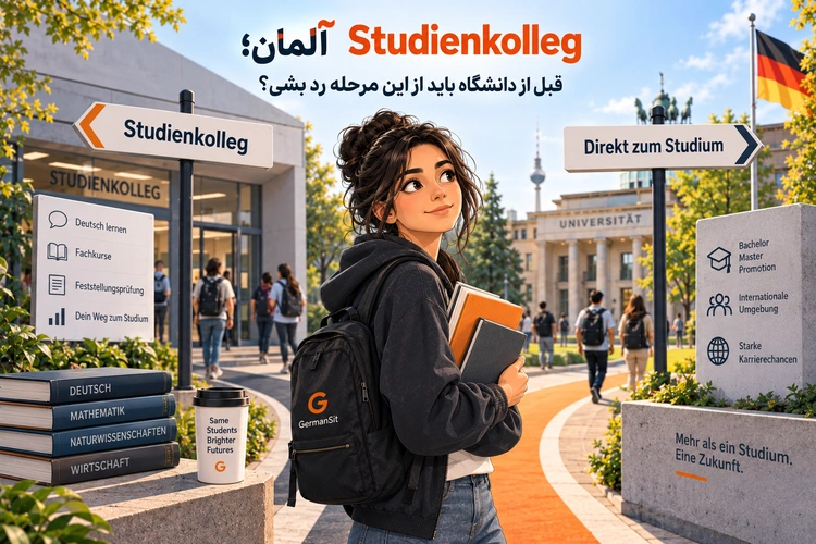 دانشجوی جوان با کوله و کتاب مقابل ورودی دانشگاه، تابلوی Studienkolleg و تابلو «Direkt zum Studium» و پرچم آلمان