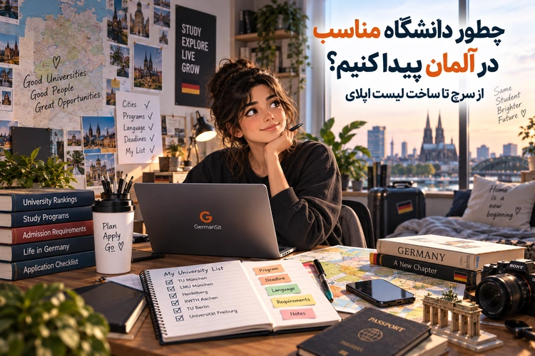 دختر جوان پشت میز با لپتاپ و دفترچه فهرست دانشگاهها، منظره شهری با کلیسای دومناره در پسزمینه