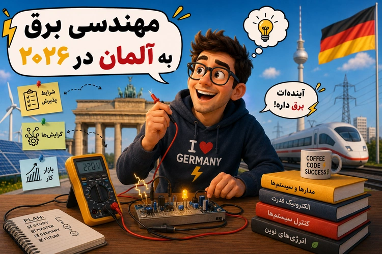 پسر جوان با هودی I♥GERMANY در حال تست برد الکترونیکی با مولتیمتر؛ برلین و پرچم آلمان در پسزمینه