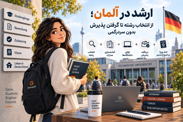دانشجوی جوان با کولهپشتی و دفتر Master Study Germany کنار لپتاپ و کتابها مقابل ساختمان دانشگاه و پرچم آلمان