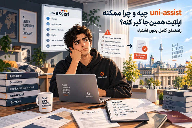 دانشجوی جوان پشت میز با لپتاپ، اسناد و صفحه uni-assist روی مانیتور و برج تلویزیون برلین در پشت پنجره