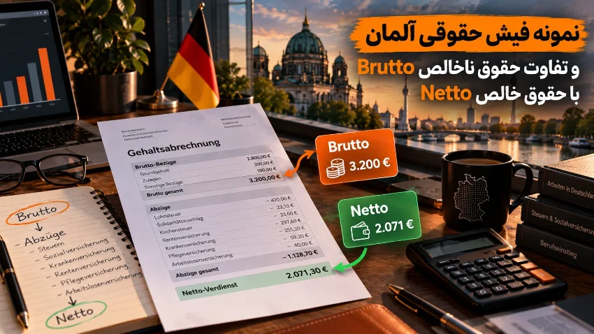 نمونه فیش حقوقی آلمان و تفاوت حقوق ناخالص Brutto با حقوق خالص Netto