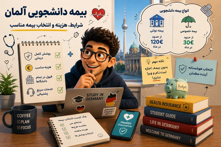 دانشجوی کارتونی پشت میز با لپ‌تاپ، کتاب‌ها، قلک بودجه و تابلوِ نکات بیمه در پس‌زمینه برلین