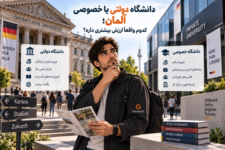 دانشجوی جوان با نقشه جلوی ساختمانهای دانشگاهی دولتی و خصوصی و تابلوهای راهنمای تحصیلی