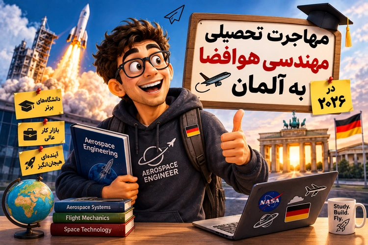 دانشجوی کارتونی با کتاب Aerospace Engineering، لپ‌تاپ و پرچم آلمان، موشک در حال پرتاب و دروازه براندنبورگ در پس‌زمینه