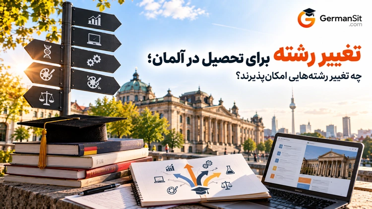 کتاب‌ها و کلاه فارغ‌التحصیلی روی میز مقابل نمای تاریخی برلین و یک لپ‌تاپ باز