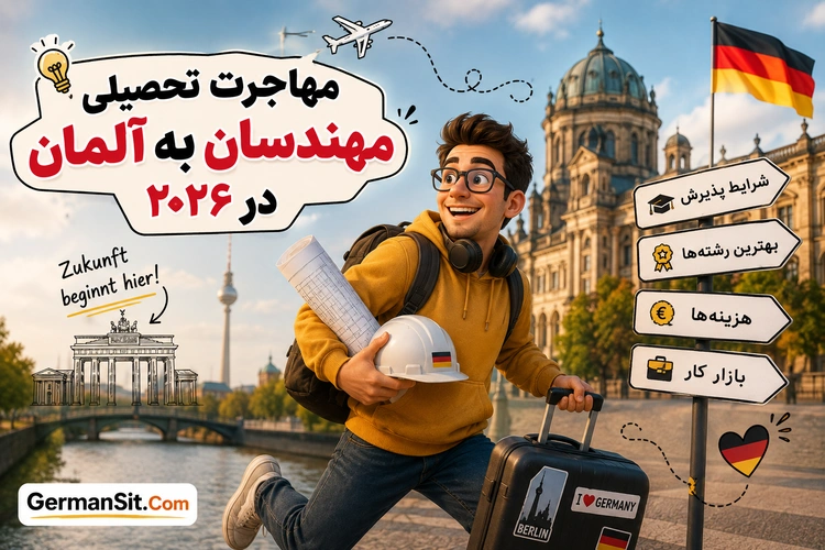دانشجوی مهندس با چمدان و کلاه ایمنی مقابل چشم‌انداز برلین و پرچم آلمان
