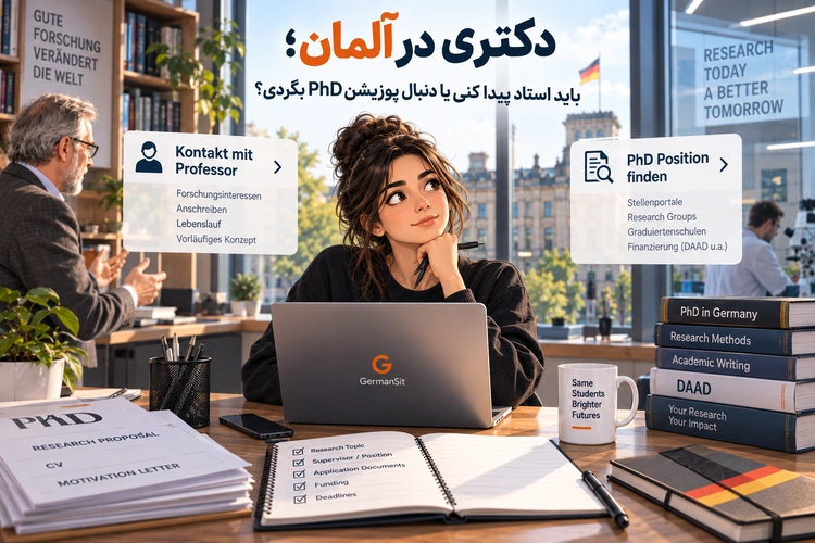 دانشجوی جوان مقابل لپتاپ در فضای کتابخانه با مردی که در پسزمینه صحبت میکند و کتابها و دفتر کاری روی میز