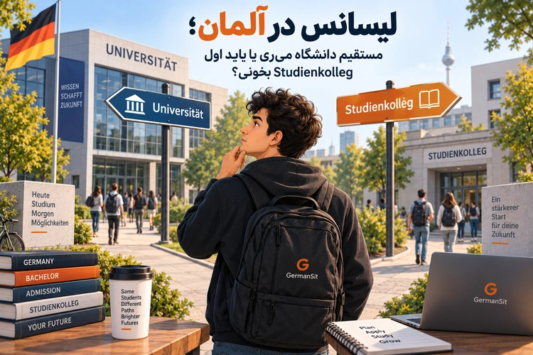 دانشجوی جوان در دانشگاه مقابل تابلوهای Universität و Studienkolleg با کوله، لپتاپ و کتاب روی میز