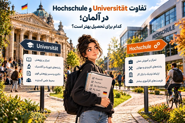 دانشجوی جوان با کوله و دفترچه بین تابلوهای Universität و Hochschule در فضای باز دانشگاه