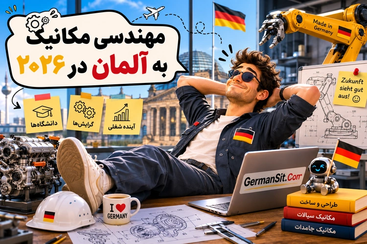 دانشجوی جوان تکیهداده پشت میز با لپتاپ، قطعات موتور، کلاه ایمنی، بازوی رباتیک و پرچمهای آلمان در پسزمینه