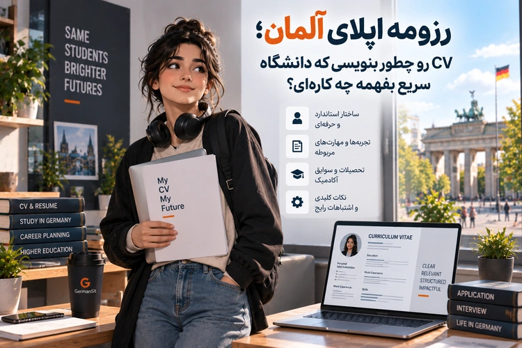 دانشجوی زن با پوشه CV و لپتاپ نمایشدهنده نمونه رزومه، نمایی از دروازه براندنبورگ در پسزمینه