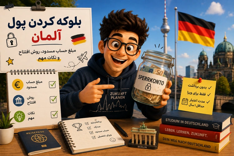 جوانی با عینک ظرف شیشه‌ای نوشته Sperrkonto را نشان می‌دهد؛ پرچم آلمان و نمادهای برلین در پس‌زمینه